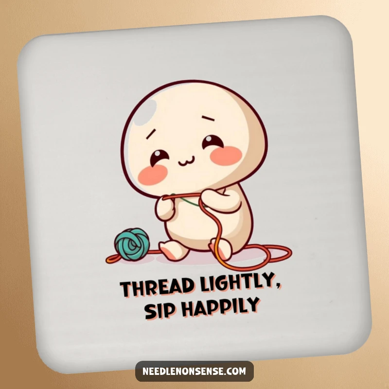 Funny drink coaster featuring a giggling needle character enthusiastically threading colorful string, protecting surfaces with humor.