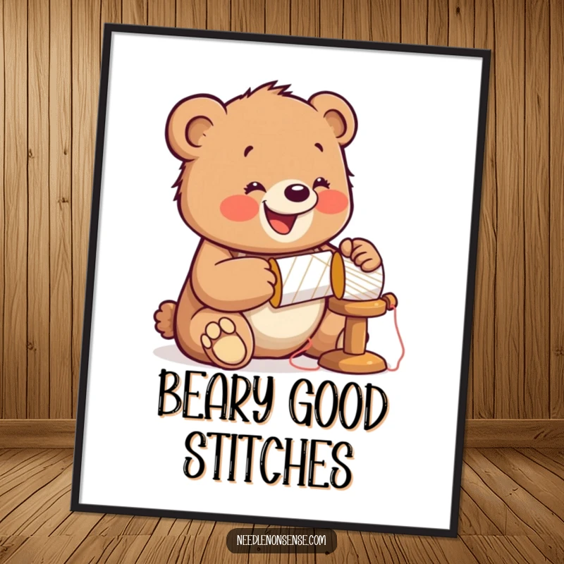 Funny Bear Sewing Poster, featuring a jolly bear cub hammering a spool, wearing a thimble, perfect for energetic craft room decor.