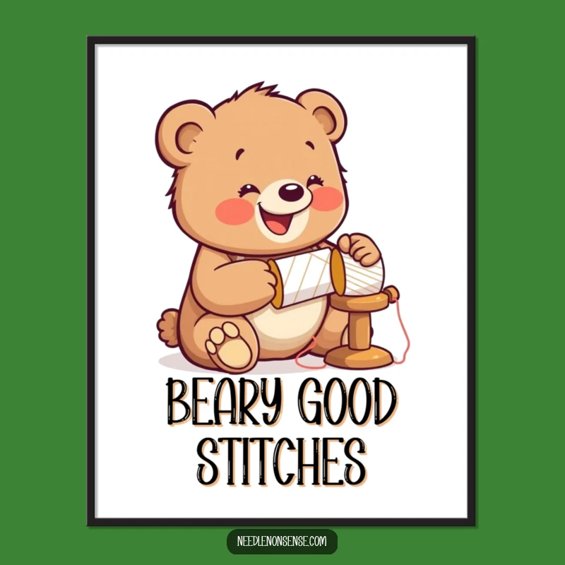 Funny Bear Sewing Poster: Jolly Cub Hammering Art, Whimsical Craft Decor Funny Gift