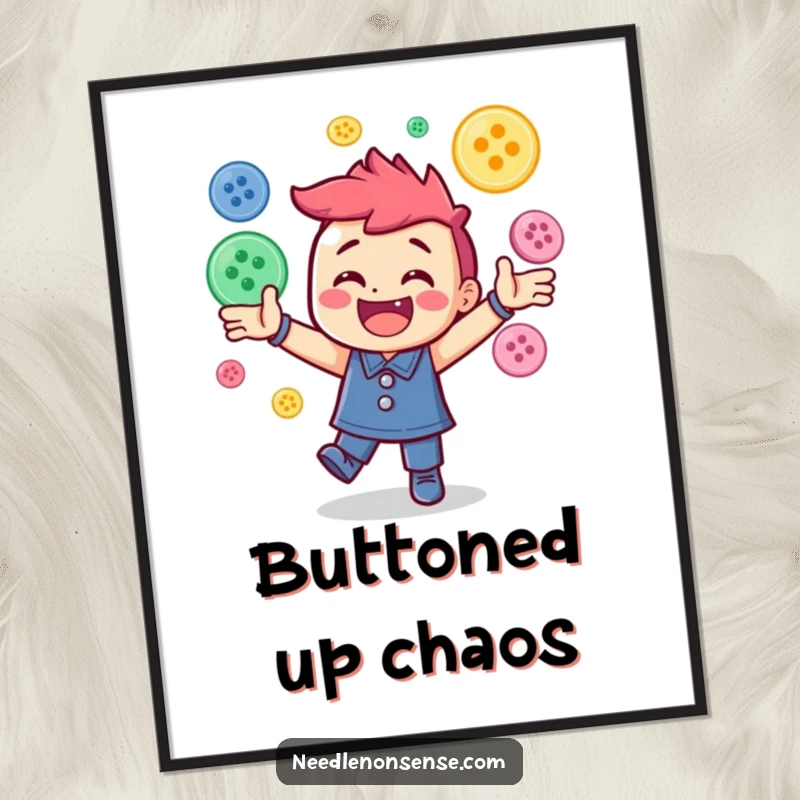 Funny poster illustrating a bright character energetically juggling a cascade of colorful sewing buttons, creating a whimsical scene.