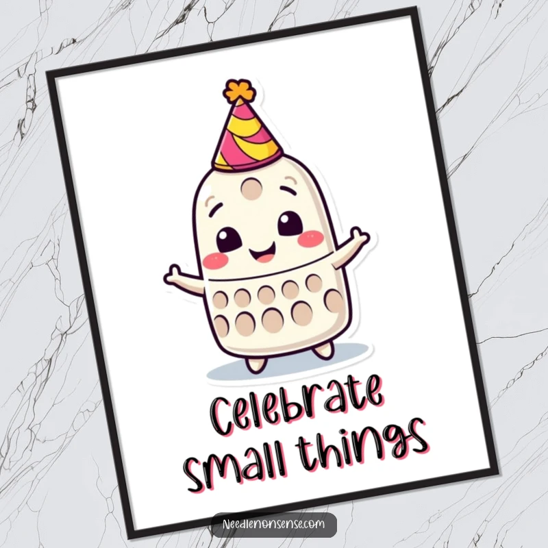 Funny poster showcasing a smiling thimble character wearing a tiny party hat and spinning joyfully, ready for a party.