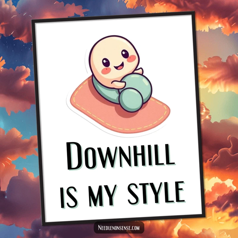 Funny button character poster, showing playful rolling motion down a fabric slope, bringing whimsical cheer to walls.