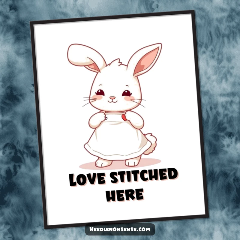 Funny playful bunny wearing a cute apron, stitching a tiny heart, humorous wall art for crafters.