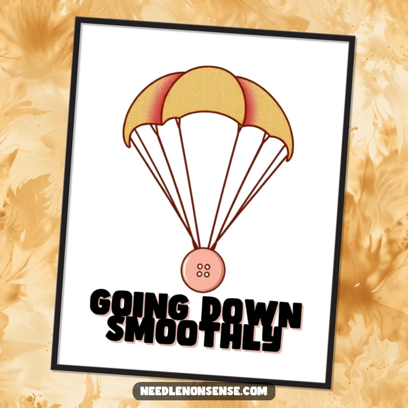 Funny Button Parachute Poster, a tiny button parachutes with a fabric swatch, funny adventure wall art.