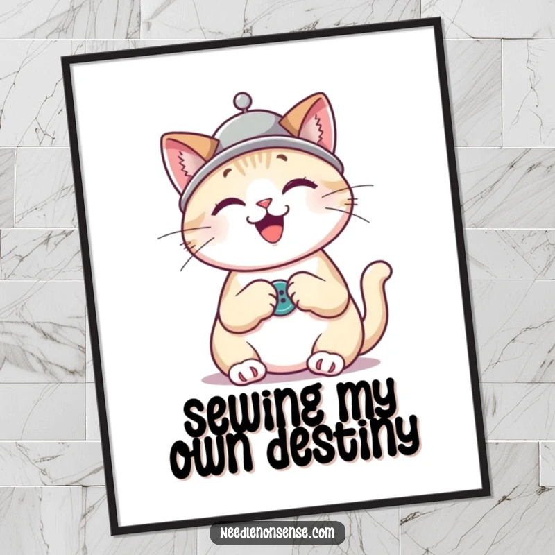 Funny cat wearing a thimble hat sewing a button with great enthusiasm, humorous wall art for crafters.