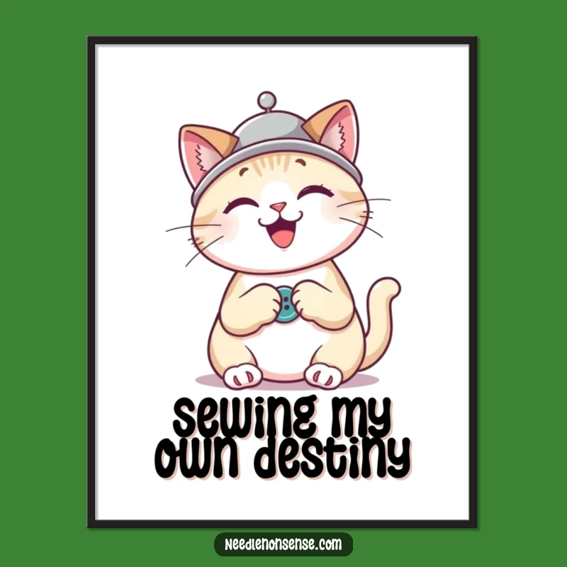 Funny Cat Sewing Poster: Happy Kitty with Thimble Hat, Humorous Wall Art Gift for Crafters