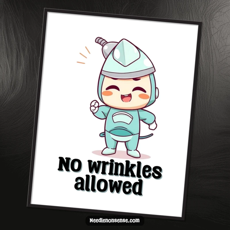 Funny poster featuring a determined iron character joyfully smoothing out wrinkles, symbolizing efficiency and order.