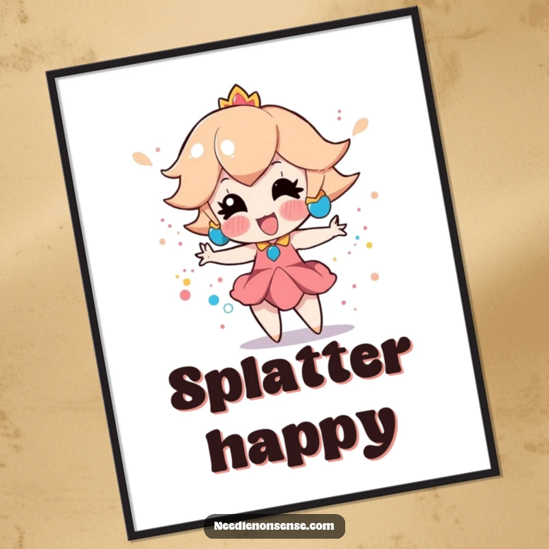 Funny poster art of a playful peach character enthusiastically creating a colorful splatter paint effect, bursting with creative energy.