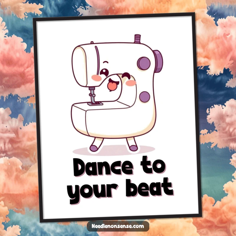 Funny Poster depicting a sewing machine character in a dynamic dance pose, adding a cheerful vibe to any room.