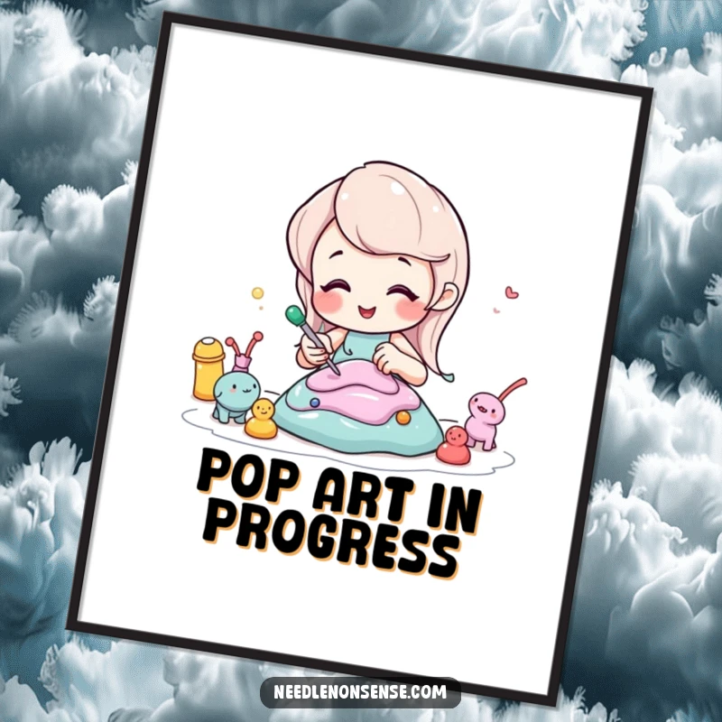 Funny poster of a bubbly soda character focused on sculpting tiny figures from colorful putty, inspiring creativity.