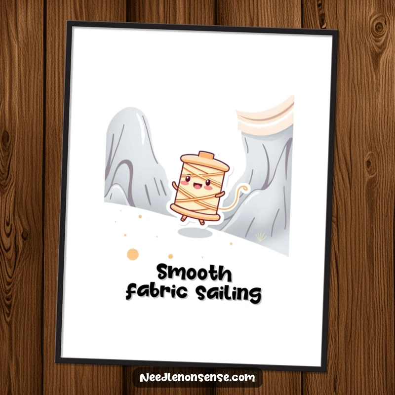 Funny poster featuring a happy spool of thread character zipping across a fabric landscape, symbolizing creative motion.