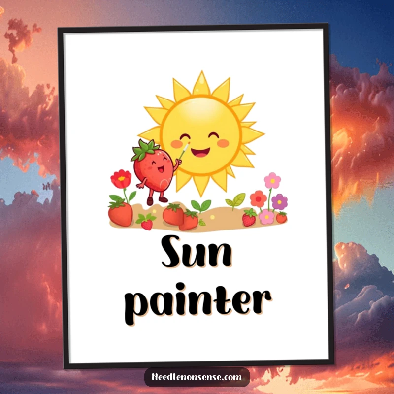 Funny poster art of a happy strawberry character joyfully painting a giant, beaming sun with cheerful colors and artistic flair.