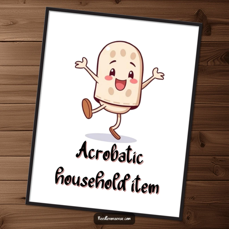 Funny playful thimble character performing a triumphant cartwheel, illustrated poster for wall decor.