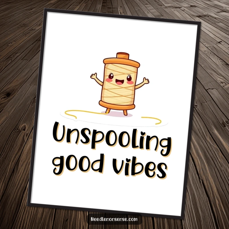 Funny thread spool character poster, dynamic unspooling action, bringing cheerful energy and humor to wall decor.