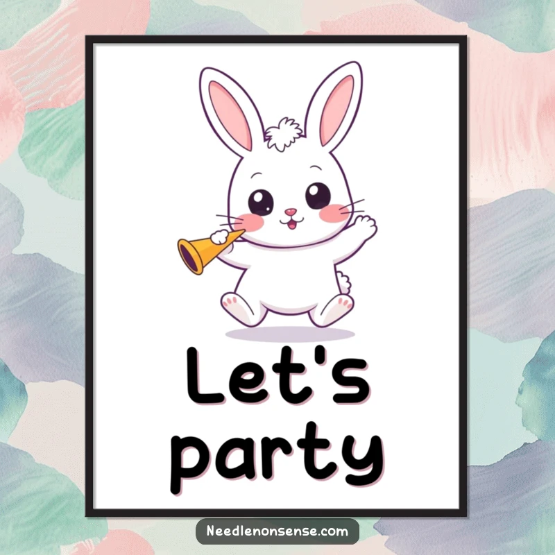 Funny Kawaii Bunny Poster: A cute kawaii bunny bounces with wide eyes, holding a party horn, ready for festivities.
