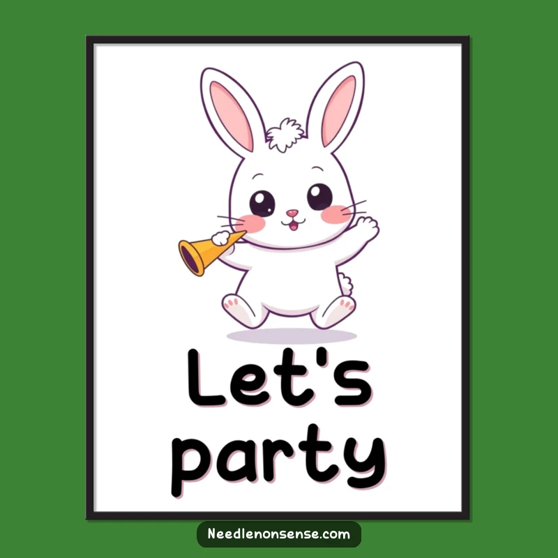 Funny Kawaii Bunny Poster: Bouncing Fun and Party Horns for Your Festive Walls