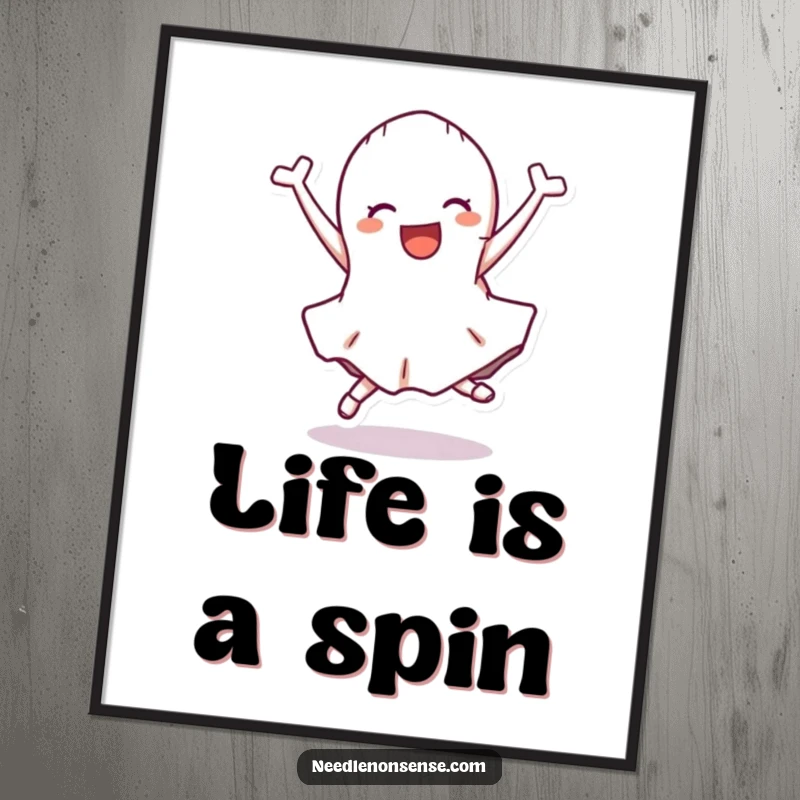 Funny Poster capturing a happy fabric scrap character in a dynamic cartwheel, adding cheer to any room.