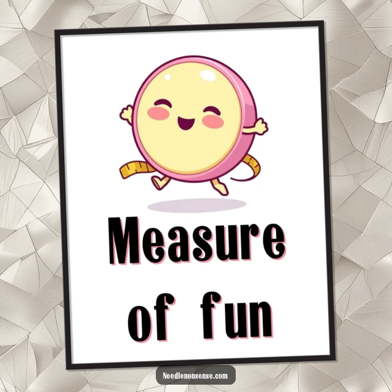 Funny poster featuring a round measuring tape character happily bouncing like a yo-yo, embodying playful precision.