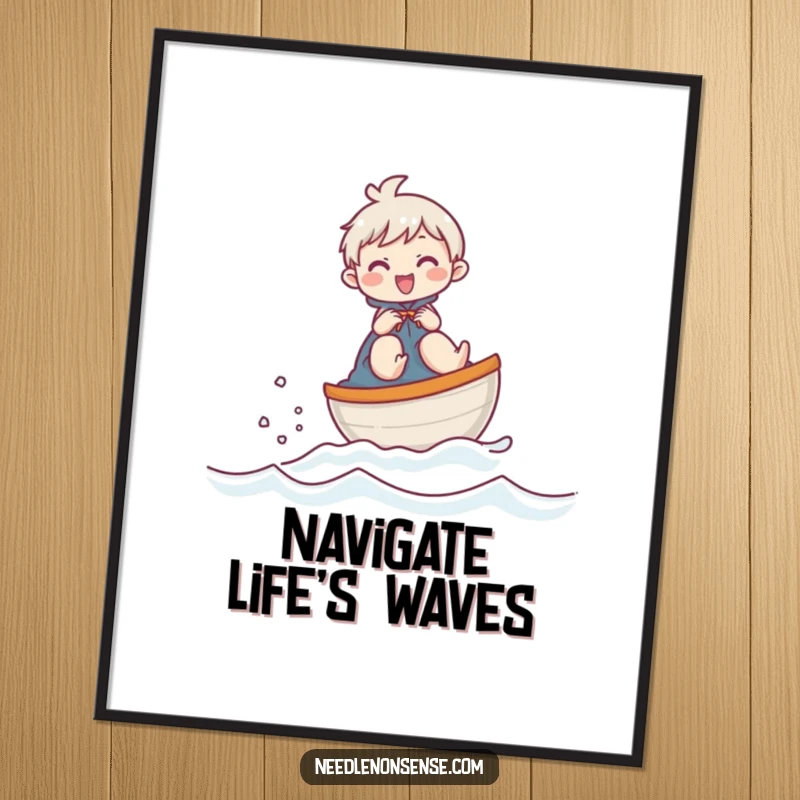 Funny poster art showcasing a giggling character steering a thimble boat across a fabric landscape, full of playful energy.