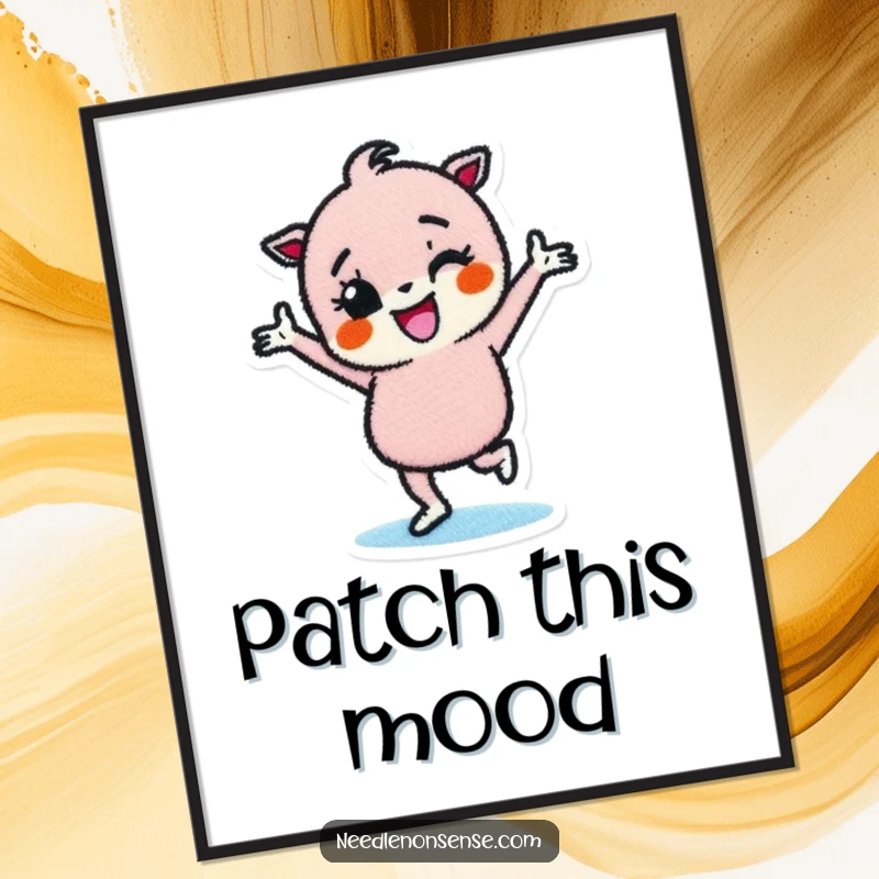 Funny poster print of a determined fabric patch character doing a happy dance, perfect for adding whimsical art to any space.
