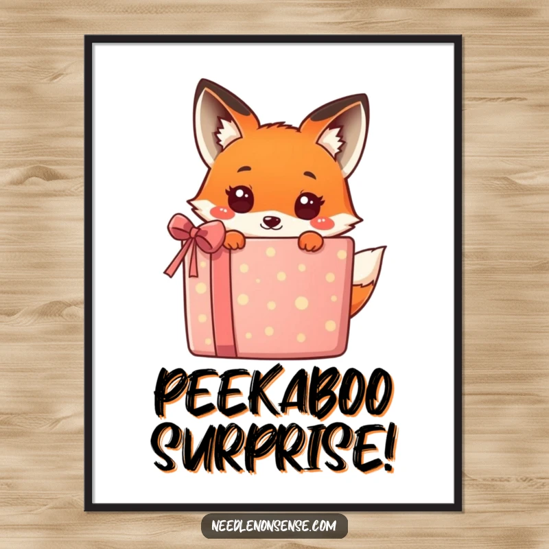 Funny kawaii fox peeking out from a big, colorful gift, bringing humor and cuteness to this poster, ideal for wall decor.