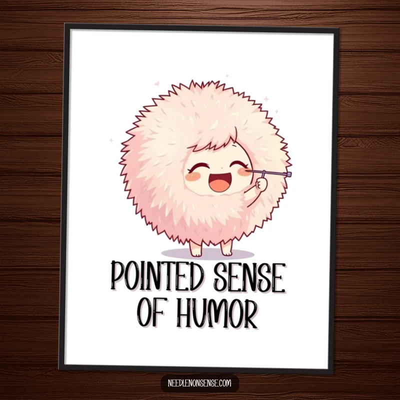 Funny poster art showing a joyful character playfully poking a large pom-pom with a needle, capturing a moment of creative fun.