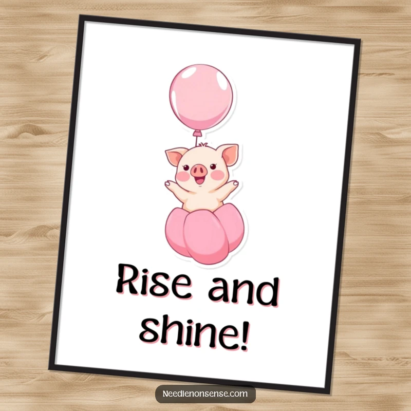 Funny kawaii piglet smiling and floating upwards on a balloon, a humorous and charming design on this poster, ideal for walls.