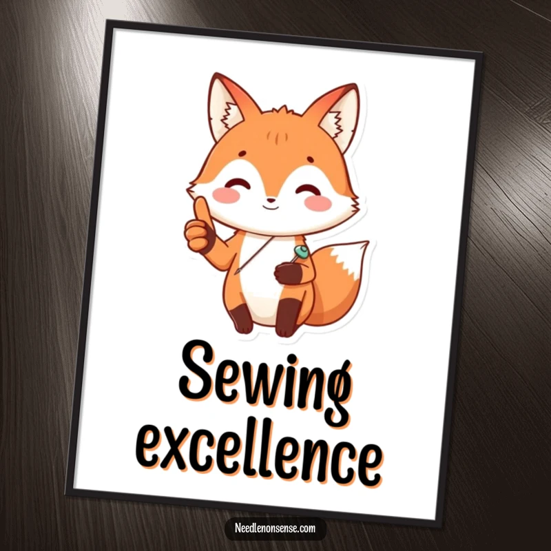 Funny Fox Sewing Poster, featuring a happy fox with a sewing pin, giving a thumbs up, perfect for whimsical craft room decor.
