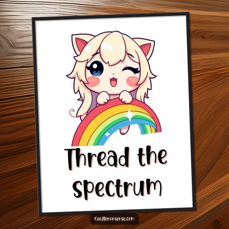 Funny, vibrant poster of a delighted character stitching a glowing rainbow with a shimmering, magical thread.