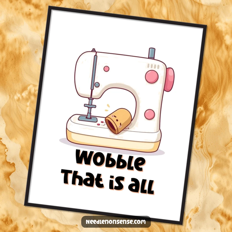 Funny poster art showing a sewing thimble wobbling precariously as it detaches from a sewing machine, adding humor.