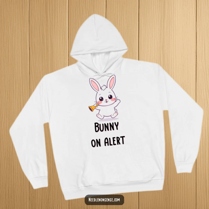 Funny Kawaii Bunny Hoodie: A cute kawaii bunny bounces with anticipation, holding a party horn, ready for fun.
