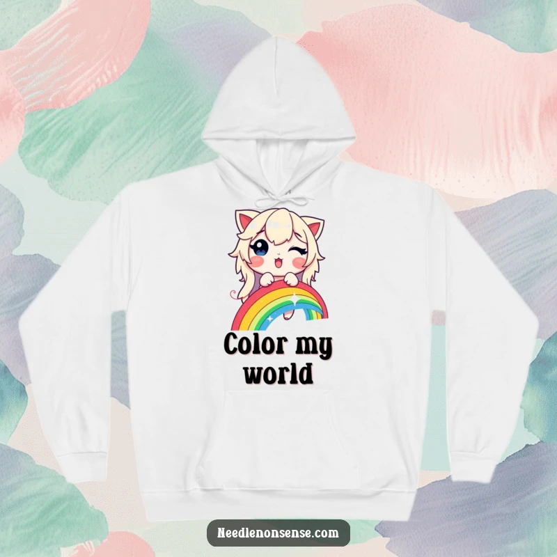 Funny, warm hoodie featuring a delighted character stitching a vibrant rainbow with a shimmering, glowing thread.