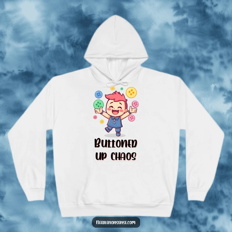 Funny hoodie showcasing a joyful character playfully juggling numerous colorful sewing buttons, offering warmth and humor.