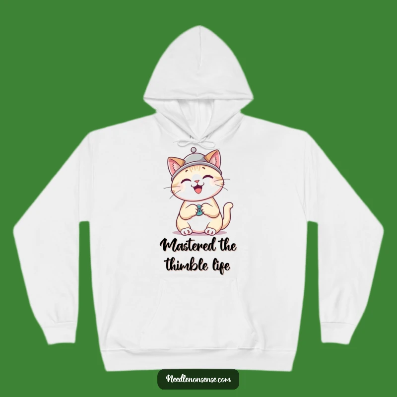 Funny Cat Sewing Hoodie: Cozy Thimble Hat Kitty, Warm & Humorous Gift for Crafters