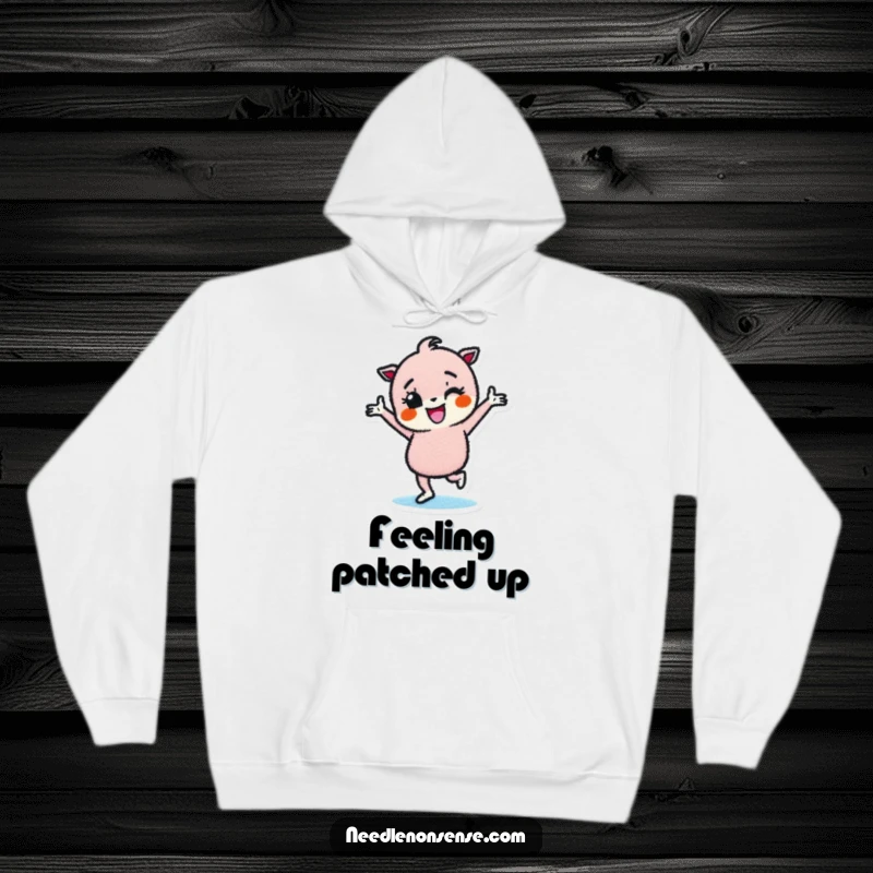 Funny hoodie with a determined fabric patch character dancing happily, offering comfort and a dose of cheer.