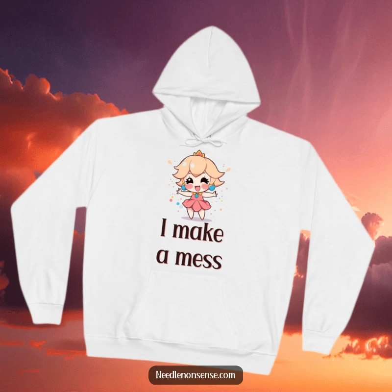 Funny hoodie featuring a playful peach character enthusiastically creating a colorful splatter paint effect, looking joyfully messy.