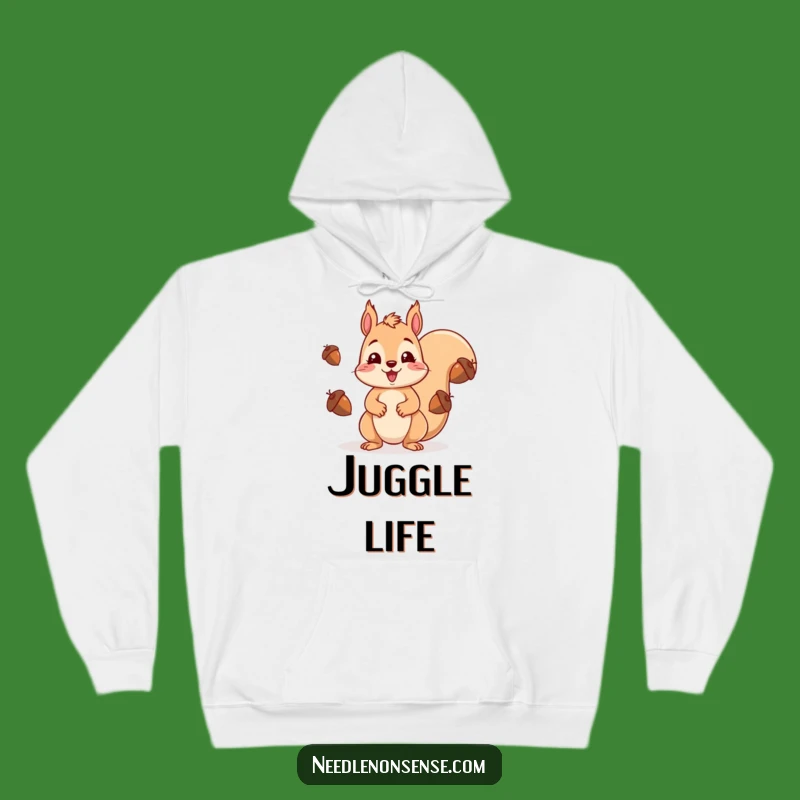 Funny Squirrel Acorn Juggling Hoodie - Cozy Surprised Expression, Warm Funny Gift for Fall