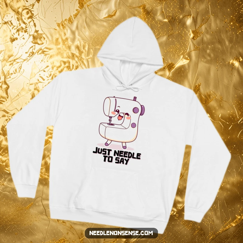 Funny Hoodie illustrating a happy sewing machine character performing a lively dance, perfect for craft enthusiasts.