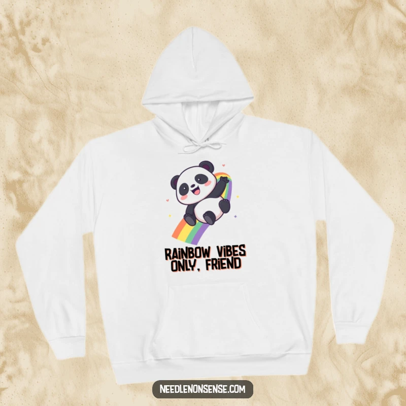 Funny Kawaii Panda hoodie featuring a panda gleefully descending a colorful rainbow, exuding pure happiness and fun.