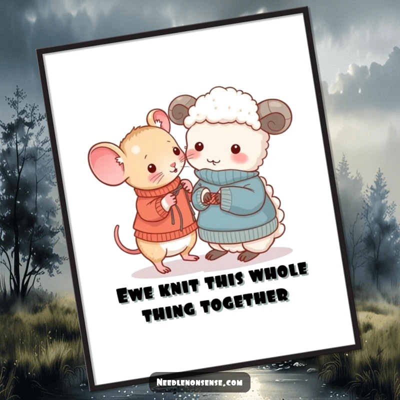 Funny Free Printable Wall Art: Tiny mouse knitting a sweater for an amused sheep, a heartwarming illustration.