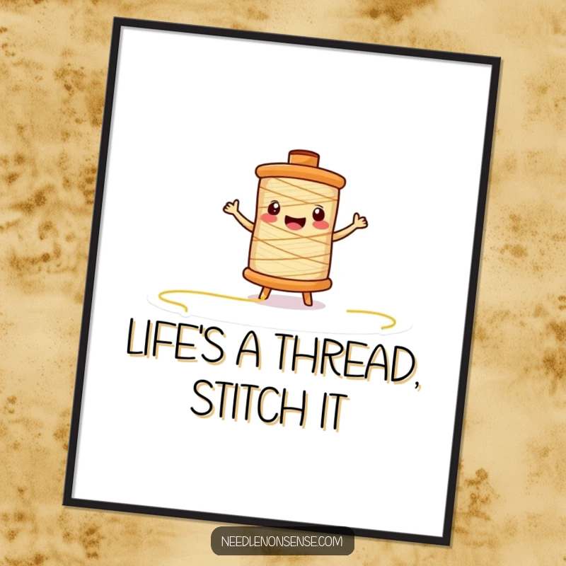 Funny Free Printable Wall Art featuring a happy thread spool character unspooling energetically, a playful addition to any room.