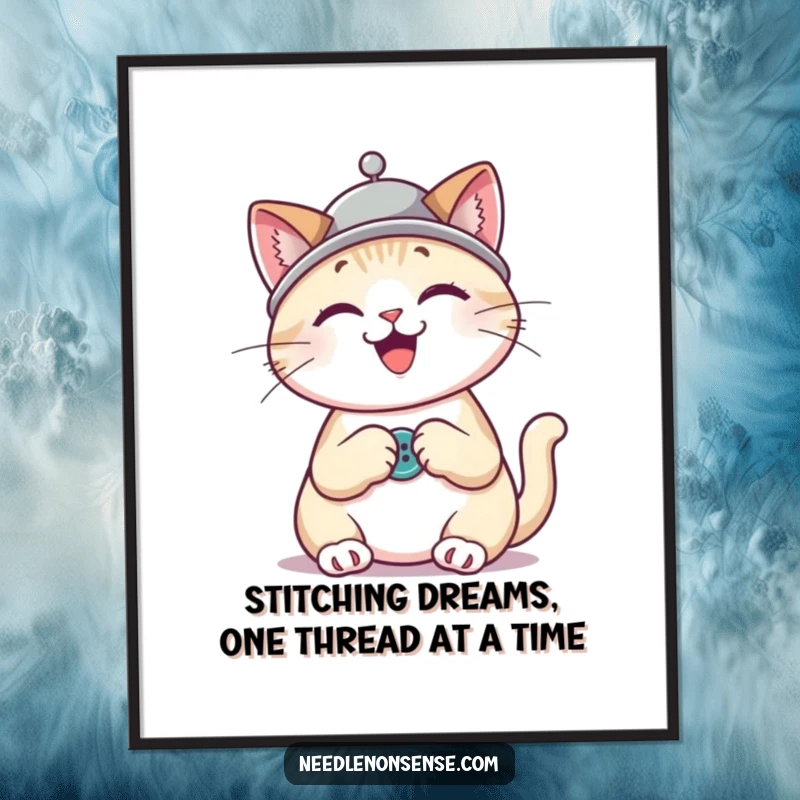 Funny Free Printable Wall Art: Adorable cat in a thimble hat, enthusiastically sewing a button, charming craft decor.