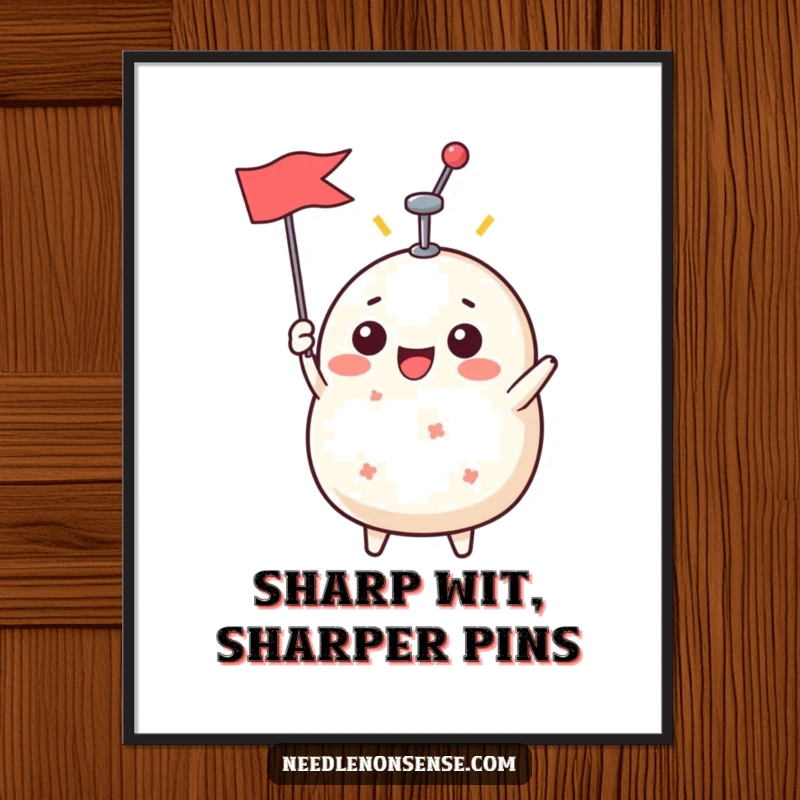 Funny Free Printable Wall Art of a beaming pin cushion character triumphantly raising a single pin like a tiny flag.