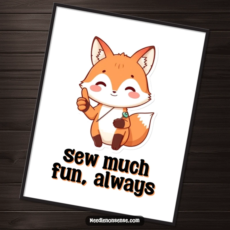 Funny Free Printable Wall Art of a cheerful fox wearing a sewing pin, giving a perfect thumbs up.