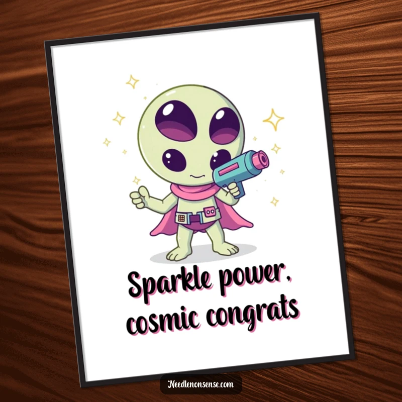 Funny Free Printable Wall Art: A kawaii alien waves a ray gun emitting a shower of bright sparkles, adding cosmic charm to decor.