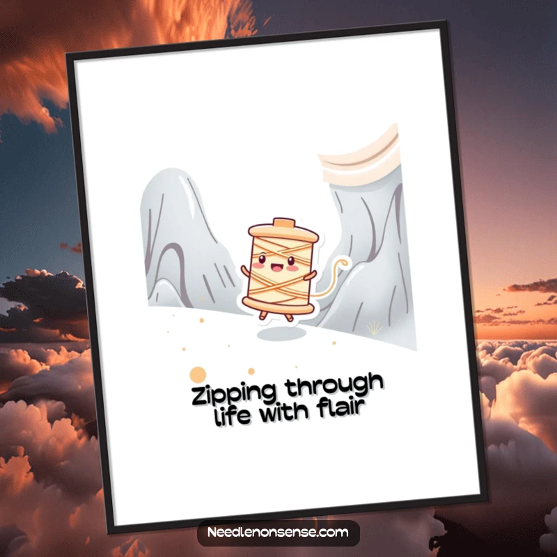 Funny Free Printable Wall Art: A happy spool of thread character joyfully zipping across a textured fabric landscape.