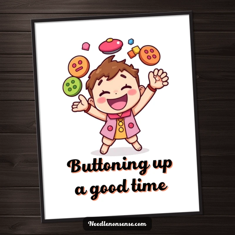 Funny Free Printable Wall Art: Happy character energetically juggling multiple colorful buttons with dynamic and cheerful motion.
