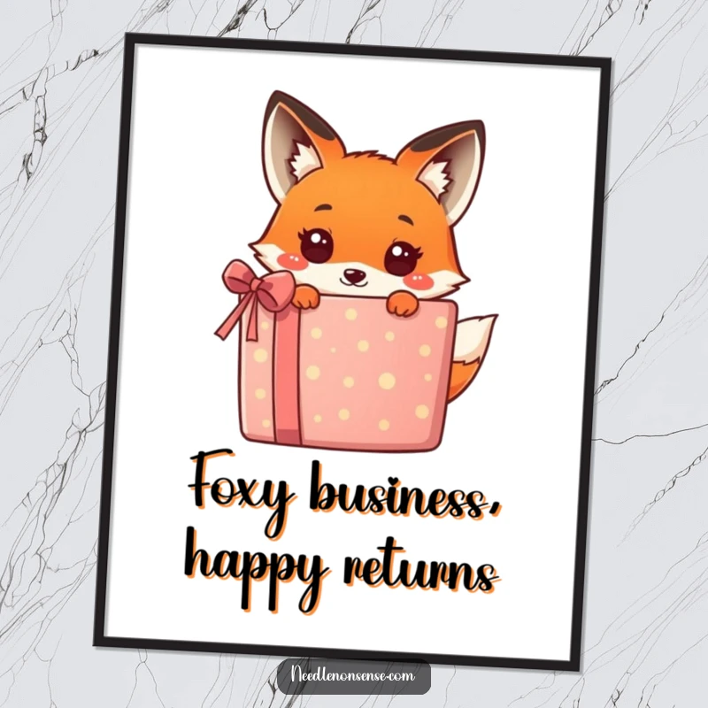 Funny Free Printable Wall Art: Kawaii fox playfully peeking from behind a large, colorful gift box.