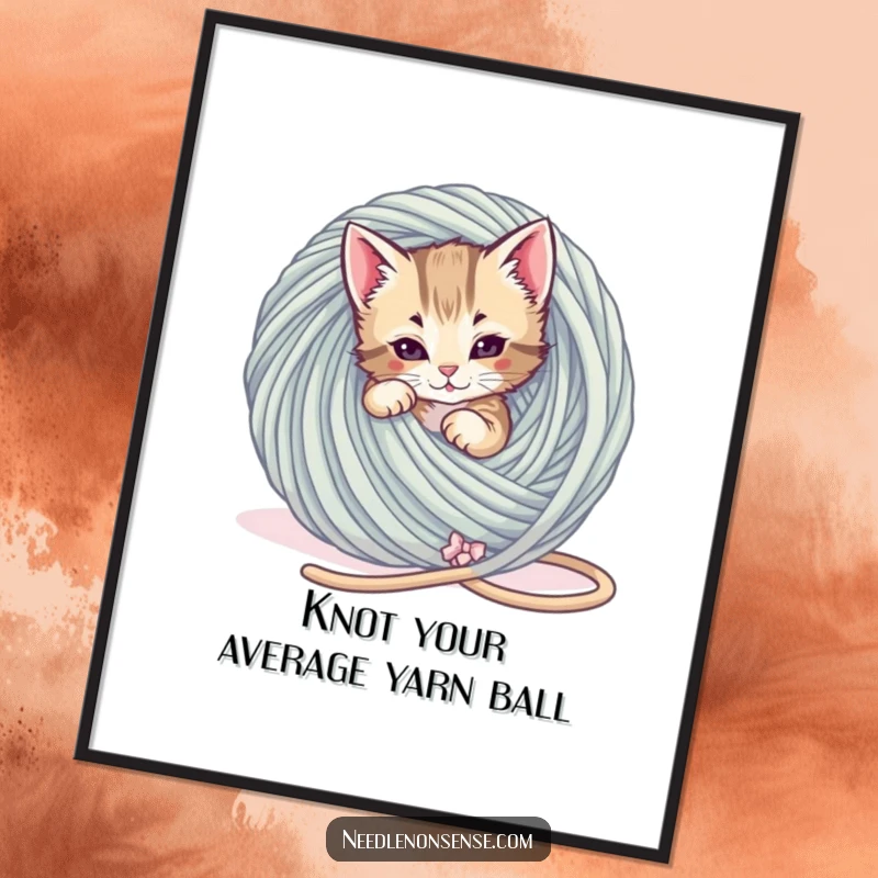 Funny Free Printable Wall Art: Playful kitten hilariously tangled in a giant ball of yarn, a whimsical piece.