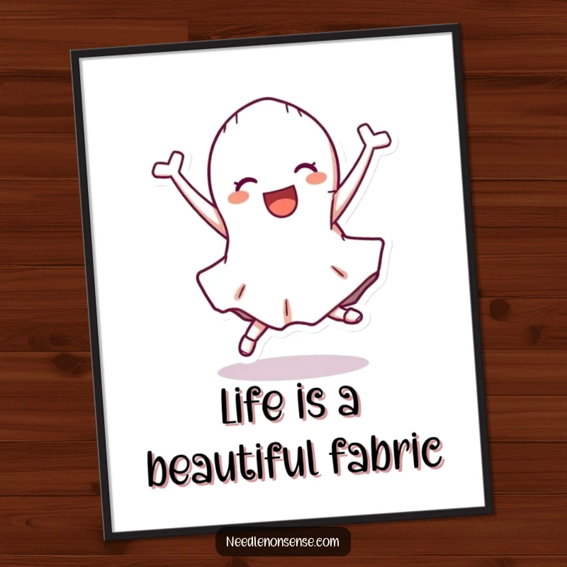 Funny Free Printable Wall Art of a delighted fabric scrap character doing an energetic cartwheel.